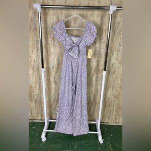 Rewind Women Small Lilac Smocked Jumpsuit Tie Cut Out front puff sleeve boho NWT